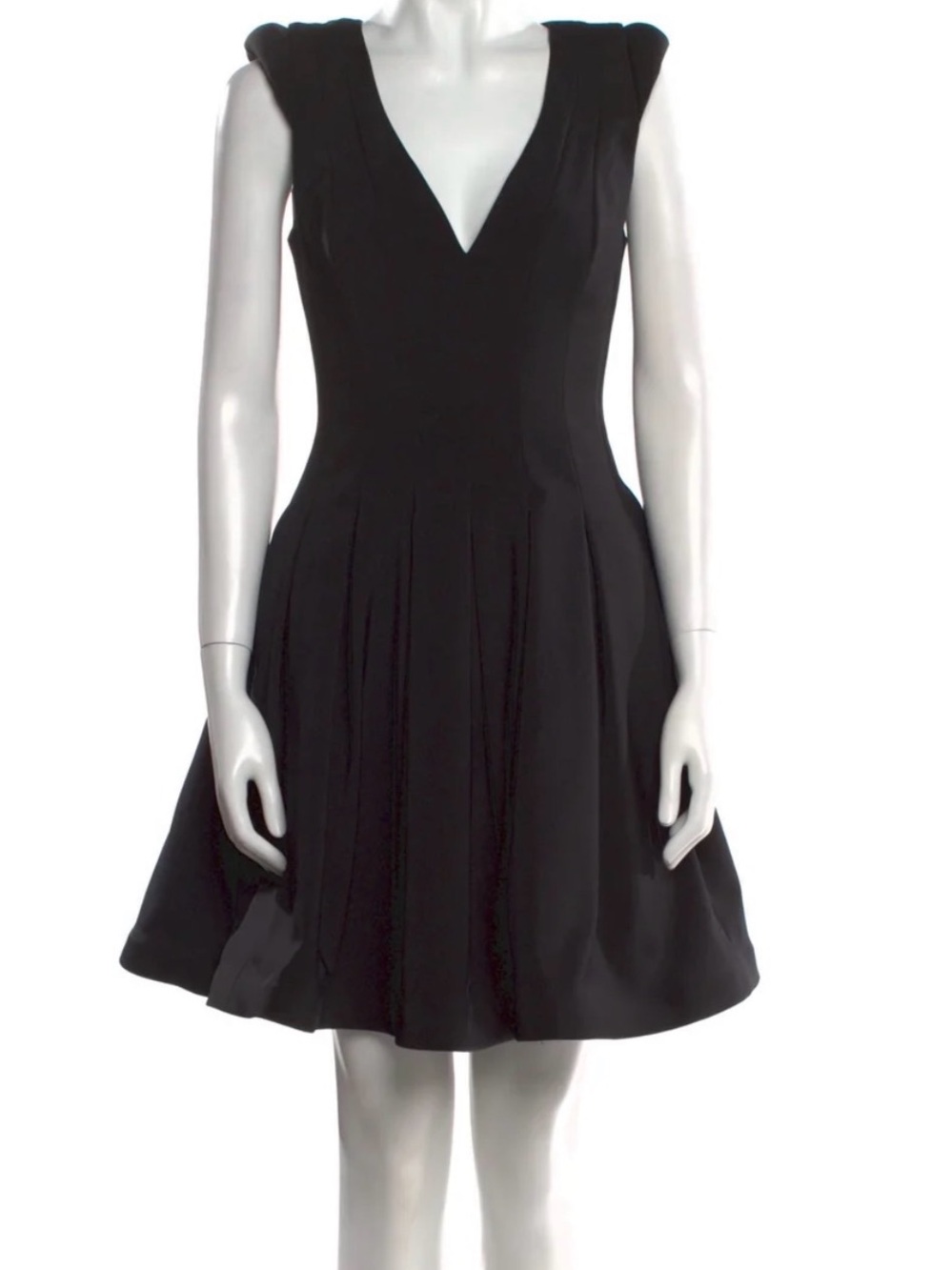 Halston Heritage Black V-Neck Pleated Mini Dress with Structured Shoulders, sz 2